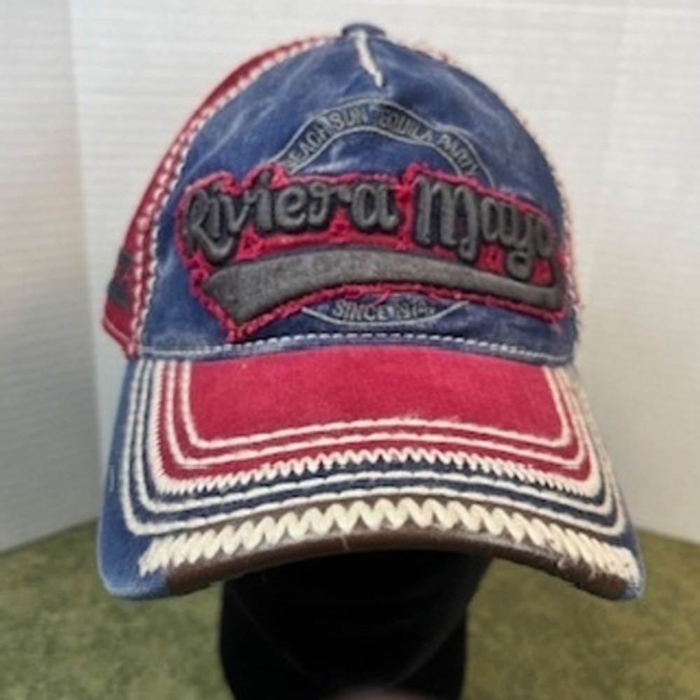Pier 27 Riviera Maya‎ Tequila Party Baseball Cap Distressed Blue Red Stitching